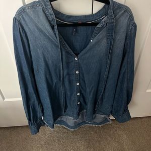 Anthro denim blouse with bow tie